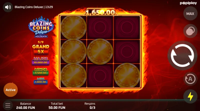 Blazing Coins Deluxe – igralni zaslon ponovnega vrtljaja