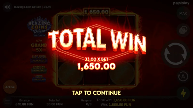 Blazing Coins Deluxe – skupni dobitek ponovnega vrtljaja
